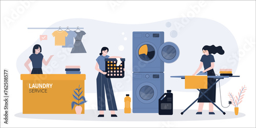 Group of female staff at dry-cleaning and laundry. Washing machines and various clean clothes. Women with bucket of dirty clothes, ironing, reception. laundry service,