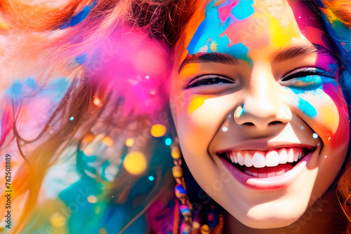 Colorful portrait young woman celebrating holi festival vibrant powder paint explosion.