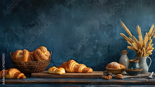 Artisan bakery assortment on blue textured backdrop - A rustic and artisanal display of baked goods including bread, croissants, and pastries, presented against a rich blue backdrop with a textured fi