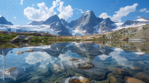 Majestuosas montañas nevadas a los pies de un lago de aguas cristalinas