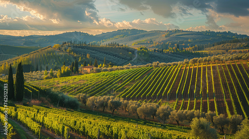 Campiña italiana al atardecer con grandes hileras de viñedos
