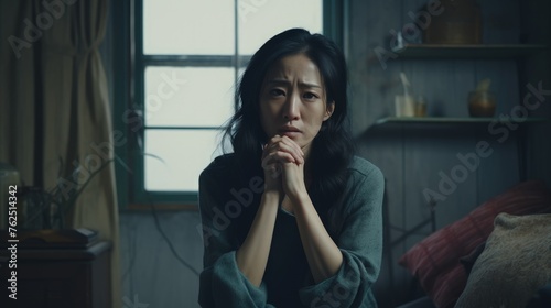 Depressed Asian middle aged woman in the room.