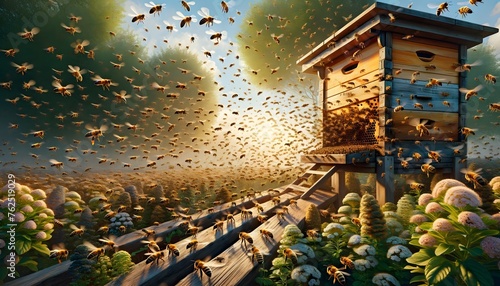 Hive entrance with bees performing orientation flights, forming dynamic patterns in the air.