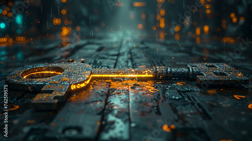 Ancient key discovered in a futuristic setting, symbolizing the blend of past and future, style cyan and yellow, cinematic tone