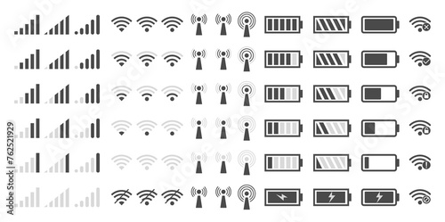 Phone signal WIFI and battery icons. mobile interface top bar icon set for network signals and telephone charge levels status