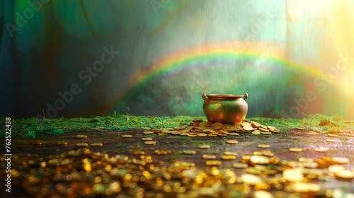 St. Patrick's Day and the Leprechaun coin jar concept, with a rainbow on the green space indicating where the leprechaun hides the treasure. Patron saint of Ireland 