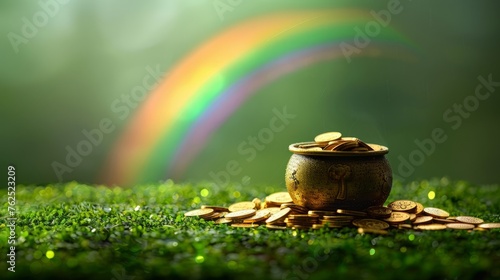 St. Patrick's Day and the Leprechaun coin jar concept, with a rainbow on the green space indicating where the leprechaun hides the treasure. Patron saint of Ireland 