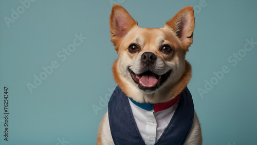 dog, in a shirt, vest on a blue background, advertising clothing for animals.