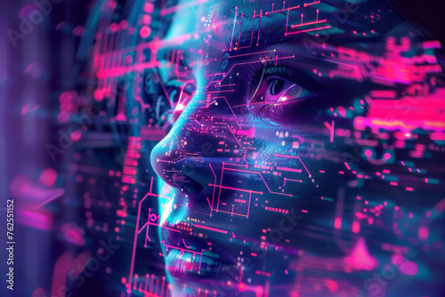 Futuristic digital technology image of woman face close up. Science and artificial intelligence technology, innovation and futuristic Machine learning and cognitive computing concept