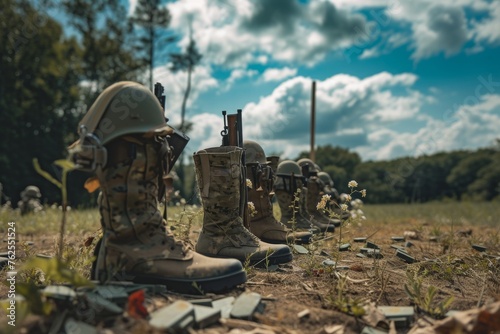 Row of Military Boots on Top of Field, A row of military boots, helmets and rifles in a field to signify fallen soldiers on Memorial Day, AI Generated