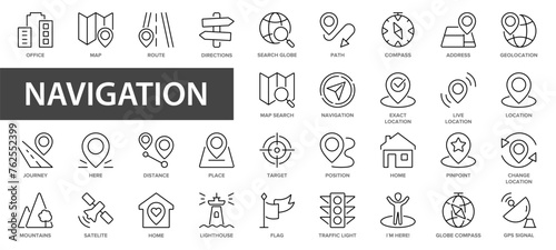 Navigation and location line icons set. Map pointer, location, map, GPS, route, compass simple icon symbol. Thin line icons collection.
