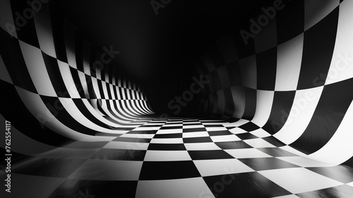 Abstract black and white checkered tunnel. 3d render illustration