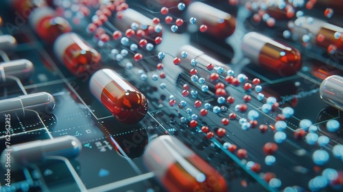 Clinical trial phases visualized through digital models, medication samples in focus, laboratory setting,high resolutio