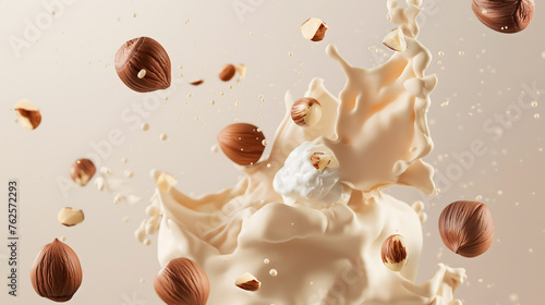 Dynamic Splash with Hazelnuts and Creamy Milk on Beige Background