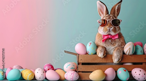 Stylish Rabbit with Sunglasses Enjoying Easter Among Colorful Eggs