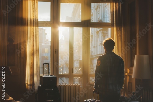 Man from behind with suitcases and handbag in a hotel room looking out the window where a ray of sunlight enters