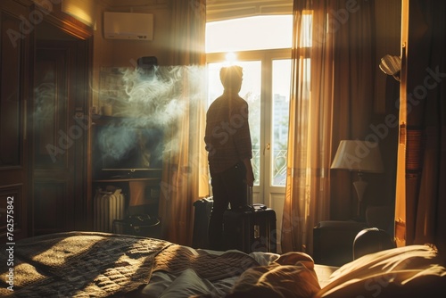 Man from behind with suitcases and handbag in a hotel room looking out the window where a ray of sunlight enters