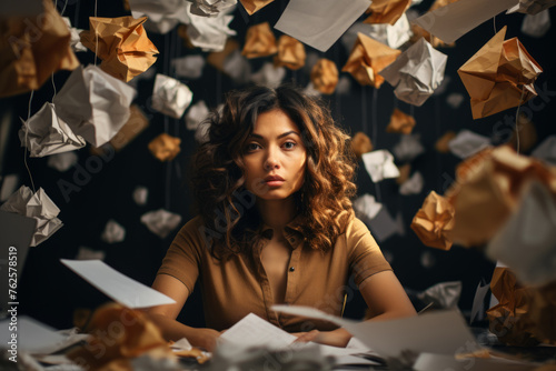 Woman sits at desk with pile of papers in front of her. Papers are scattered all over desk, and woman is overwhelmed by mess. Concept of chaos and disorganization