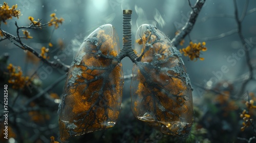 Unhealthy, sick lungs with poor air quality. Human lungs and bronchial cells in smoke