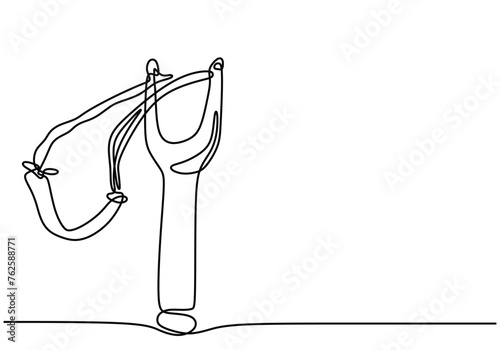 slingshot in Single one line drawing hand holding wooden slingshot.