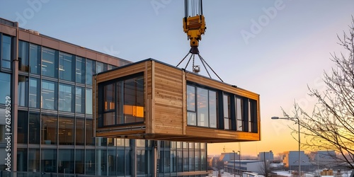 Precisely maneuvering a wooden module into a contemporary office building. Concept Office Renovations, Modular Construction, Building Techniques, Office Design Innovation