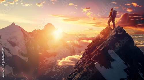 climber on top of a mountain at sunset