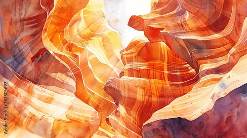 A watercolor illustration of the Antelope Canyon rock formation with a majestic sky in the background. The painting captures the intricate details and colors of the rocks against the vast expanse of t