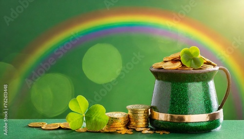 Saint Patrick&#x27;s Day and Leprechaun&#x27;s pot of gold coins concept with a rainbow indicating where the leprechaun hid treasure on green with copy space. St Patrick is the patron saint of Ireland