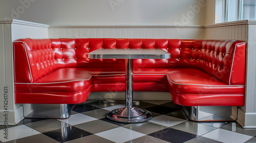 A retro diner booth with red vinyl upholstery and chrome accents