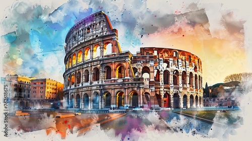 A detailed watercolor painting depicting the architectural marvel of the ancient Colosseum in Rome. The artwork showcases the iconic amphitheaters grandeur and historical significance.