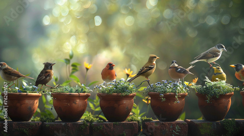  A calm garden picture featuring a row of ceramic pots containing several species of songbirds, their notes filling the air