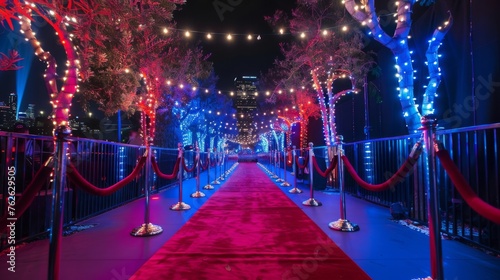 A glamorous Hollywood red carpet event with flashing cameras, velvet ropes, and a backdrop of dazzling city lights, capturing the glitz and glamour 