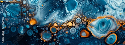 This abstract painting features vibrant blue and yellow bubbles swirling and overlapping in a dynamic and visually striking composition. The bubbles appear to be in motion, creating a sense of movemen