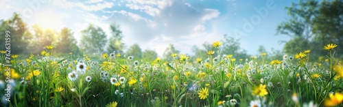 A field filled with a sea of yellow and white flowers. The bright colors of the blooms contrast beautifully against the green foliage. Bees and butterflies flutter among the blossoms, pollinating the 