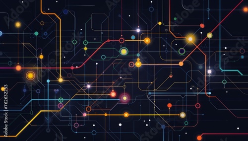 Abstract flat background with colorful lines and dots on black, simple geometric shapes forming an illuminated subway map pattern Generative AI