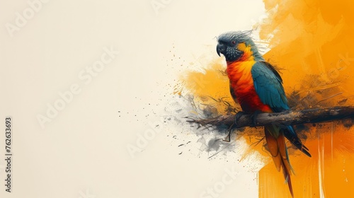  A vibrant avian perched on a limb amidst an orange-white backdrop, adorned with a splash of pigment