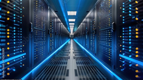 Panoramic view down a brightly lit data center corridor, illustrating the precision engineering an