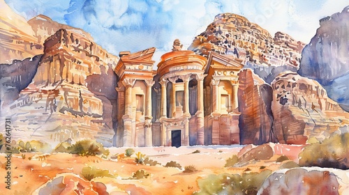 A watercolor painting depicting a building in the desert landscape of Petra archaeological site. The building stands out against the arid surroundings, showcasing the unique architecture of the ancien