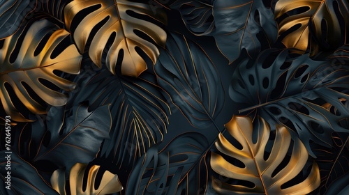 Gold and black tropical leaves texture