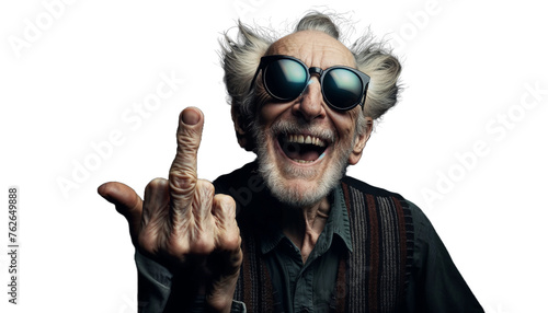 Senior man in sunglasses gesturing disrespectfully against transparent background 