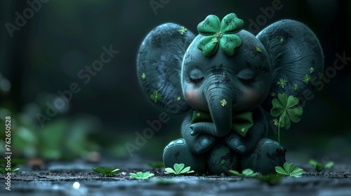  A majestic elephant statue, adorned with a vibrant green ribbon on its noble head, peacefully rests on the earth with serene eyes shut