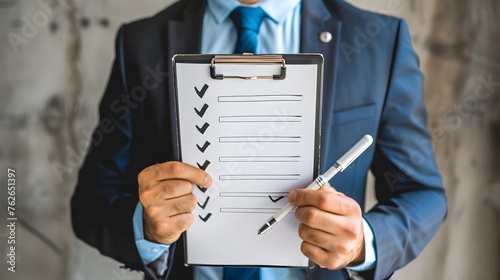 Digital businessman holding virtual checklist
