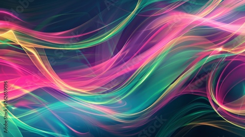 Magical neon swirls in pink and green, ribbon-like lines on an abstract foil background.