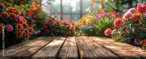 Wooden Table in Flower-Filled Garden