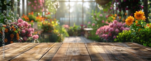 Wooden Table in Greenhouse Filled With Flowers