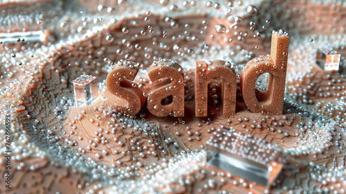 A colorful background with a single word "sand" written in sharp font is captured in the image.