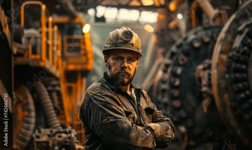 miner worker in a mine against the background of mining equipment