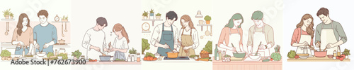 Couple characters are cooking in a simple flat line art style