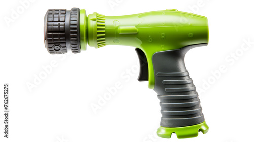 A green and gray blow dryer against a stark white backdrop