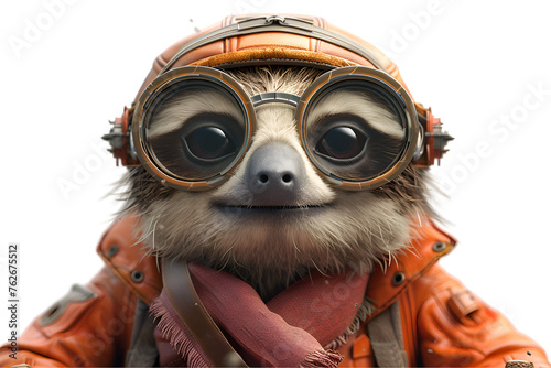 a 3D animated cartoon render of a lazy sloth piloting a blimp.